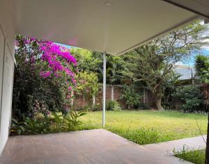 an open patio with a large bush with pink flowers at Mochila Urban1 in San Salvador