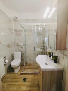 a bathroom with a toilet and a shower and a sink at Nikos House by Delta Hospitality in Ofrínion +20 photos