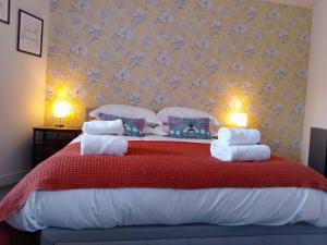a bedroom with a large bed with red blanket and pillows at 5 Prospect Place - 2nd floor Dream View in Scarborough +13 photos