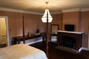a bedroom with a bed and a fireplace and a lamp at Ormond Manor in Destrehan