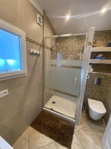 Un baño con ducha, inodoro y ventana. en Dépendance individuelle, en Nans-les-Pins 38 fotos más