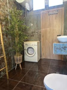 Un baño con lavadora y lavabo. en Gjonis house, en Sarandë