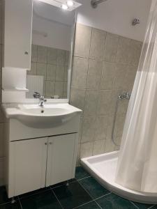 アルゴストリオンにあるStudio Luciaの洗面台とシャワー付きの白いバスルーム +15枚の写真