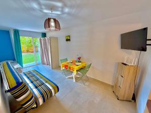 TV a/nebo společenská místnost v ubytování Studio Oasis - Piscine et proche des plages