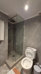 a bathroom with a toilet and a glass shower at MAGDALINOS APARTMENTS (3) in Nea Skioni