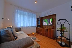 een woonkamer met een bank en een flatscreen-tv bij Lärchenheim Appartment in Castelrotto