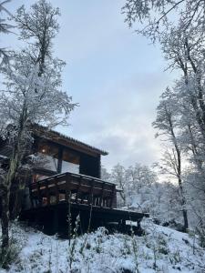 a cabin in the woods in the snow at Refugio Vista Sierra Nevada in Malalcahuello
