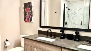 a bathroom with a sink and a mirror and a toilet at Beautiful 1BR - Fitness & Pool in Austin