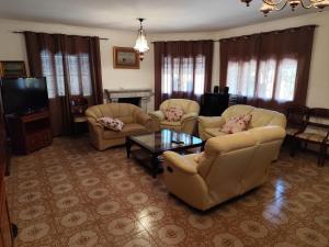 a living room with couches and a coffee table at Precioso chalet con gran algarrobo y piscina privada in La Jara