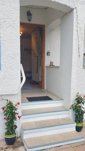 a stairway leading to a door with two potted plants at Ferienwohnung Alztal - mit Wallbox in Altenmarkt an der Alz