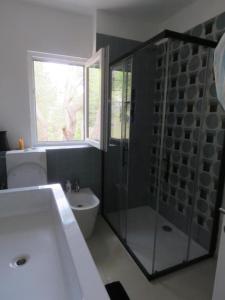 a bathroom with a shower and a toilet and a sink at House Holiday Lodge in Žirje
