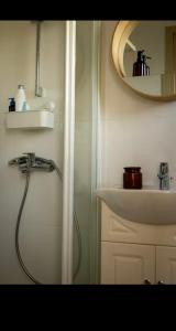 a shower in a bathroom with a sink and a mirror at MERAKI Villa in Paralimni