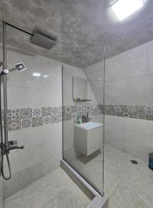 a bathroom with a shower and a sink at Grand Mountain Cottage in Stepantsminda
