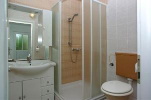 a bathroom with a toilet and a sink and a shower at Foissner Apartments in Zavalatica