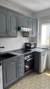 una cucina con armadi grigi, lavandino e piano cottura di Apartamento SAN JUAN a Cudillero