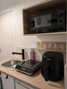 a kitchen counter with a slow cooker and a sink at Le studio du Sabotier in Oradour-Saint-Genest