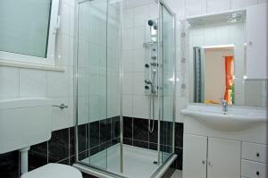 a bathroom with a glass shower and a sink at Foissner Apartments in Zavalatica +37 photos