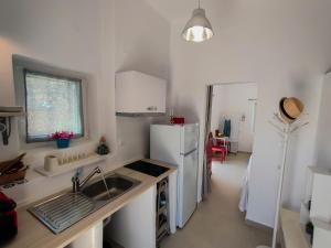 a kitchen with a sink and a refrigerator at Manos' Dream in Empourios