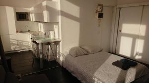 a small room with a bed and a small kitchen at Studio Hypercentre proche gares et métro in Lille