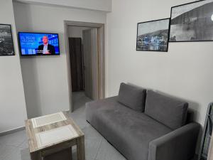 a living room with a couch and a tv on a wall at Gersa's Family Studios in Sarandë