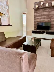 a living room with a couch and a tv at Casa lazer Atafona in São João da Barra