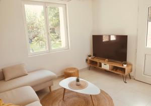 a living room with a couch and a tv at LES MAISONS DE GIROUDET 3 chambres jardin terrasse in Écrosnes