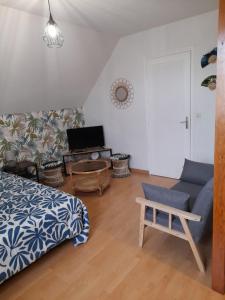 a living room with a bed and a couch at Chambre Chez Lionel in Mur-de-Sologne