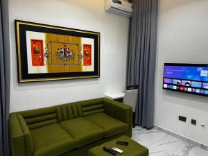 a living room with a green couch and a flat screen tv at Ethan Apartments in Yaba