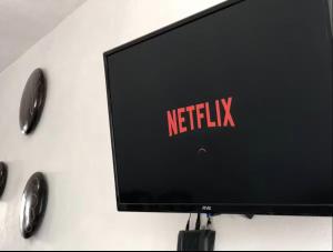 a television on a wall with a netflix sign on it at CASA DORADO B con AC y SMART TV Planta Baja in Mezcales