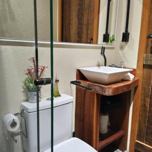 a bathroom with a white toilet and a sink at Recanto Vista Verde in Nova Petrópolis