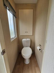 a small bathroom with a toilet and a window at Chalet De VeerWater in Recreatiepark De Veerstal in Lathum +17 photos