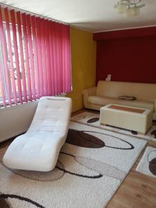 a living room with a white couch and a table at Casa Brad Sovata in Sovata