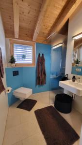 a bathroom with a sink and a toilet and a mirror at Chasa Scandella Apartment Monica in Sent +13 photos