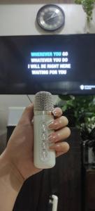 a person holding a microphone in front of a tv at 2-BR COZY condo 200mbpsFiberWiFi/Netflix/pool/WFH in Manila