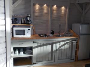 a kitchen with a counter with a microwave and a sink at Nati Lodge - Bungalow Guadeloupe in Bouillante