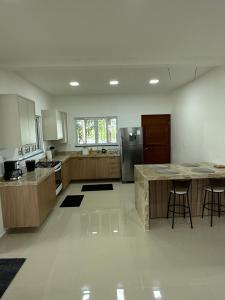 eine große Küche mit Holzschränken und Geräten aus Edelstahl in der Unterkunft Malicia Ranch in Lagoa do Boi