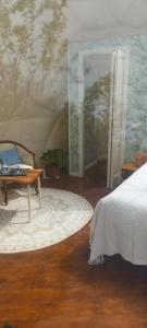 a bedroom with a bed and a table and a mirror at Lunaria Manziana in Sambuco