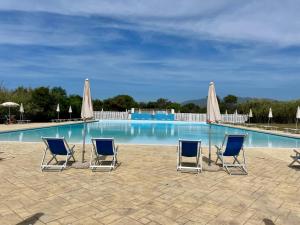 vier Stühle und Sonnenschirme vor einem Swimmingpool in der Unterkunft Apartments Mimose in Badesi