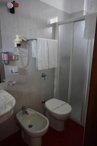 a white bathroom with a toilet and a shower at Hotel Tritone in Porto San Giorgio