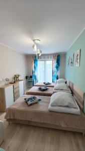 two beds in a bedroom with blue walls at Apartament Miętowe Marzenie in Chrzanów +49 photos