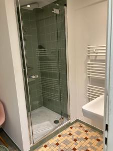 a glass shower in a bathroom with a sink at pop-up stuub feldberg in Feldberg