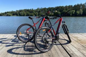 a red bike parked on a dock next to the water at Na samotě u lesa in Vsetín
