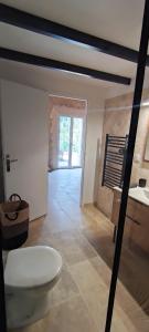 a bathroom with a toilet in a room at Au coeur du Gard in Saint-Bauzély