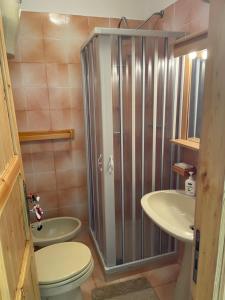 a bathroom with a shower and a toilet and a sink at Casa Tommaso in Camigliatello Silano