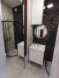 a bathroom with a white sink and a shower at Apartament P&P in Toruń +4 photos