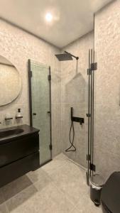 een badkamer met een glazen douche en een wastafel bij Eleve Residences - Stone Studios in Sofia