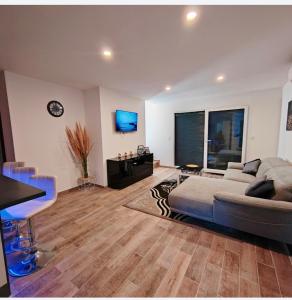 a large living room with a couch and a tv at Jolie Maison-6 personnes in Argelès-sur-Mer