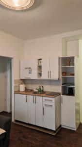 a kitchen with white cabinets and a counter top at ZELENI VENAC Studio & Apartment in Belgrade