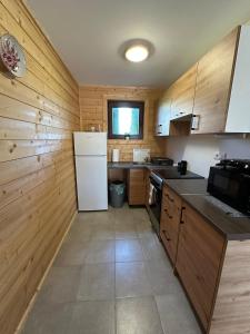 a kitchen with wooden walls and a white refrigerator at Resort Dudukovic 1 in Slunj +20 photos
