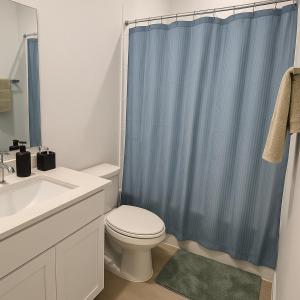 a bathroom with a toilet and a blue shower curtain at Quiet Haven in Richmond